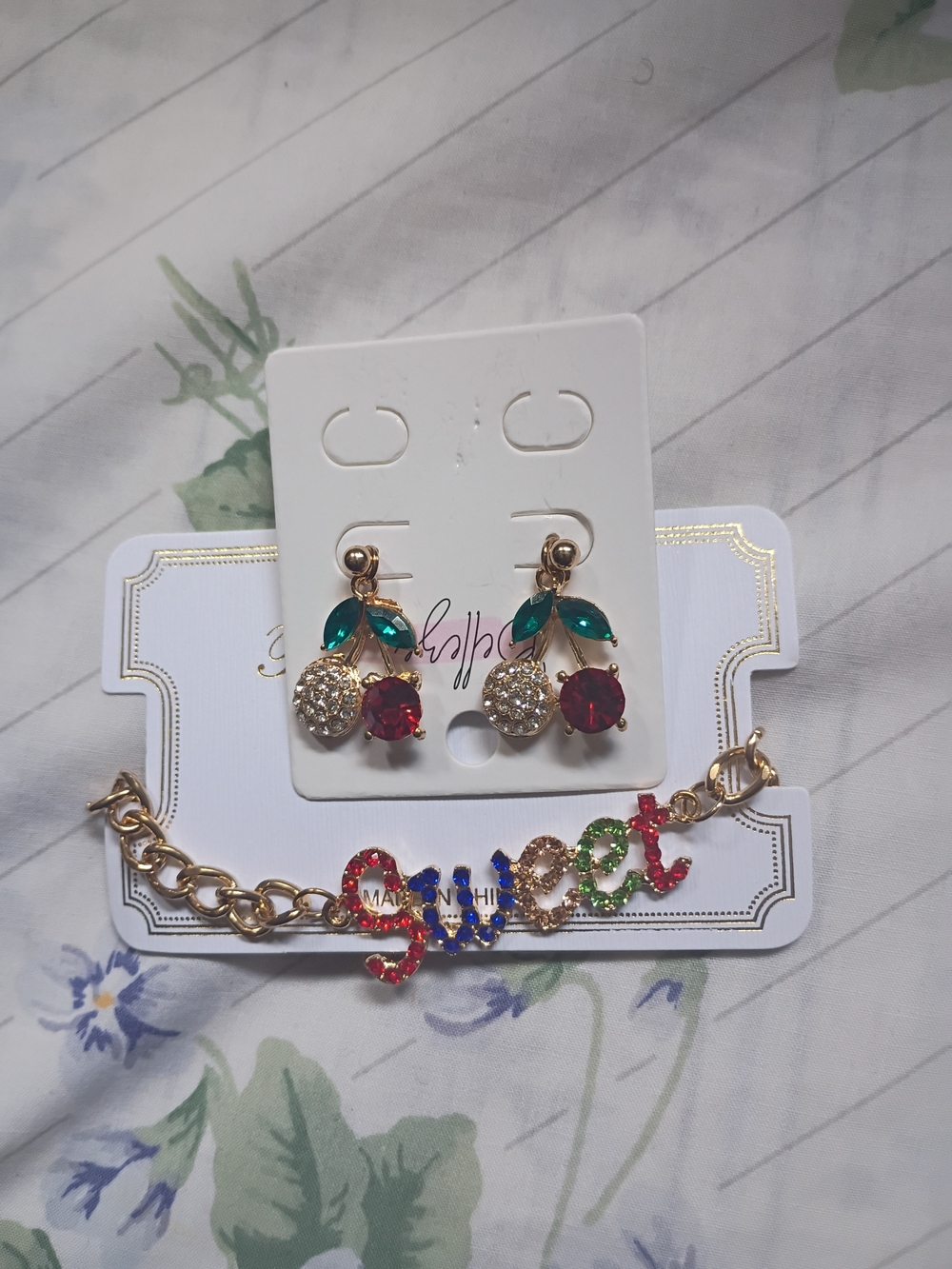 Fashion Jewelry Gold-Tone Cherry Drop Earrings with Green Leaves and Red Stones